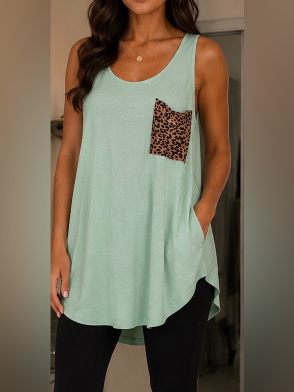 Mint Scoop Neck Tank with Leopard Pocket Accent